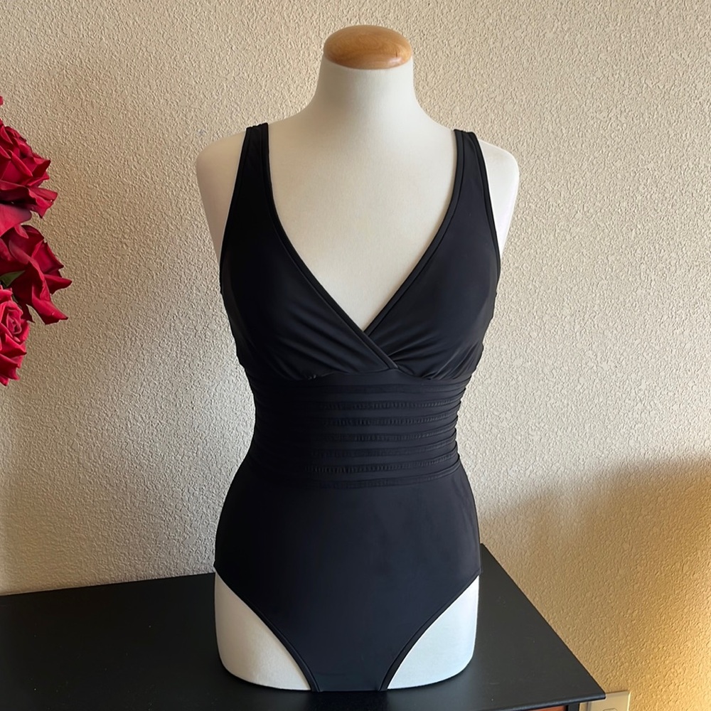 Black V-neck One-Piece Swimwear With Striped Detail on Waist.Brand Aqua Green